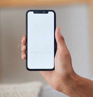 Buy stock photo Phone screen, mockup and online with hands of man for networking, social media and space. Internet, show and mobile app with closeup of person at home for technology, communication and website