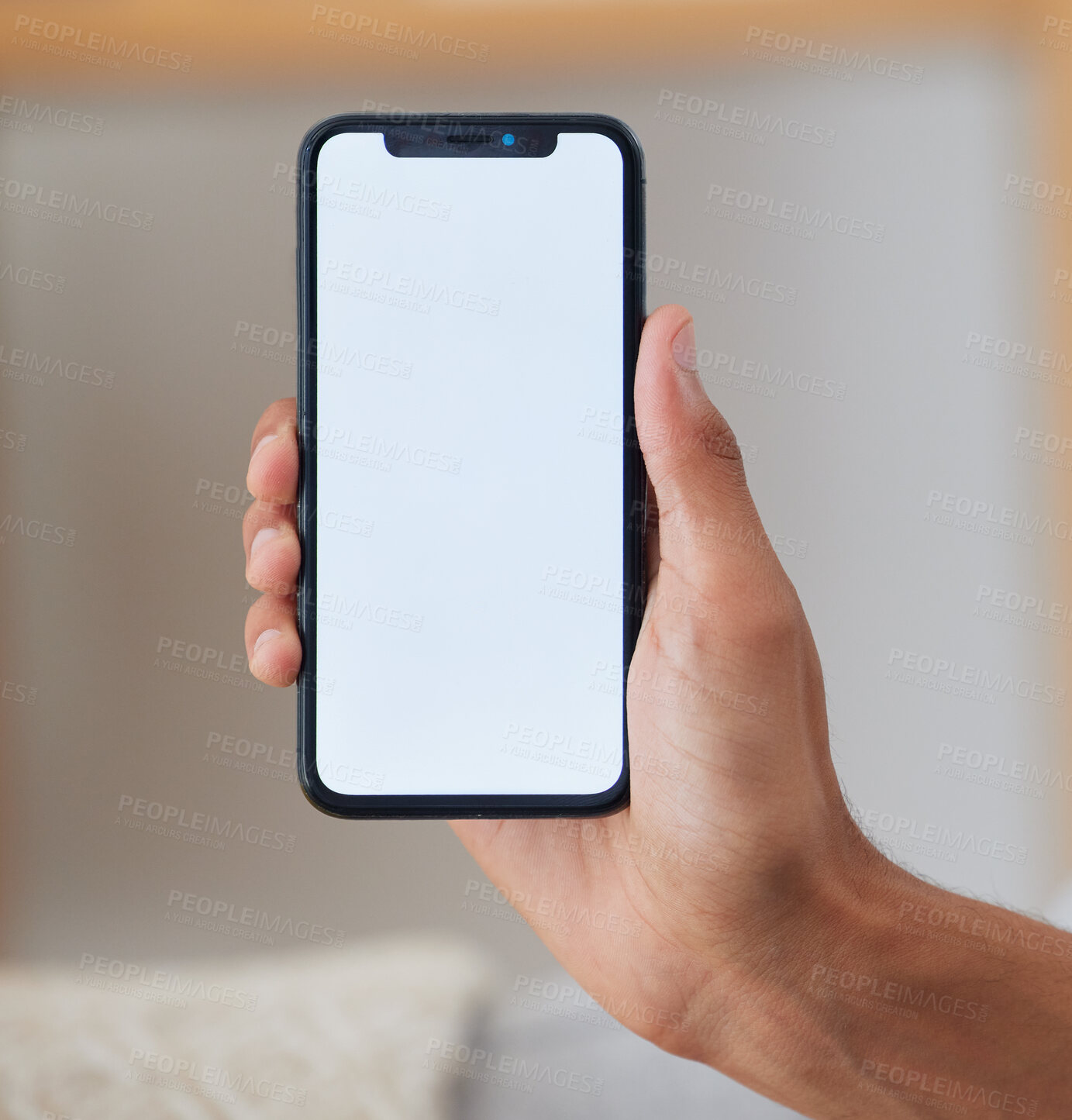 Buy stock photo Phone screen, mockup and online with hands of man for networking, social media and space. Internet, show and mobile app with closeup of person at home for technology, communication and website