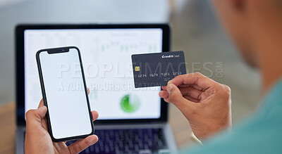 Buy stock photo Hands, credit card and phone screen, e commerce and fintech, laptop and analytics with payment. Customer person, online shopping and internet banking, app and finance with retail, market stats and UX