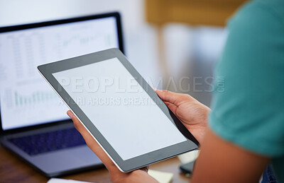 Buy stock photo Tablet in hands, screen and mockup, social media app and communication with laptop and market statistics. Smartphone, UX and technology, person and data analysis, dashboard on pc and info with UI