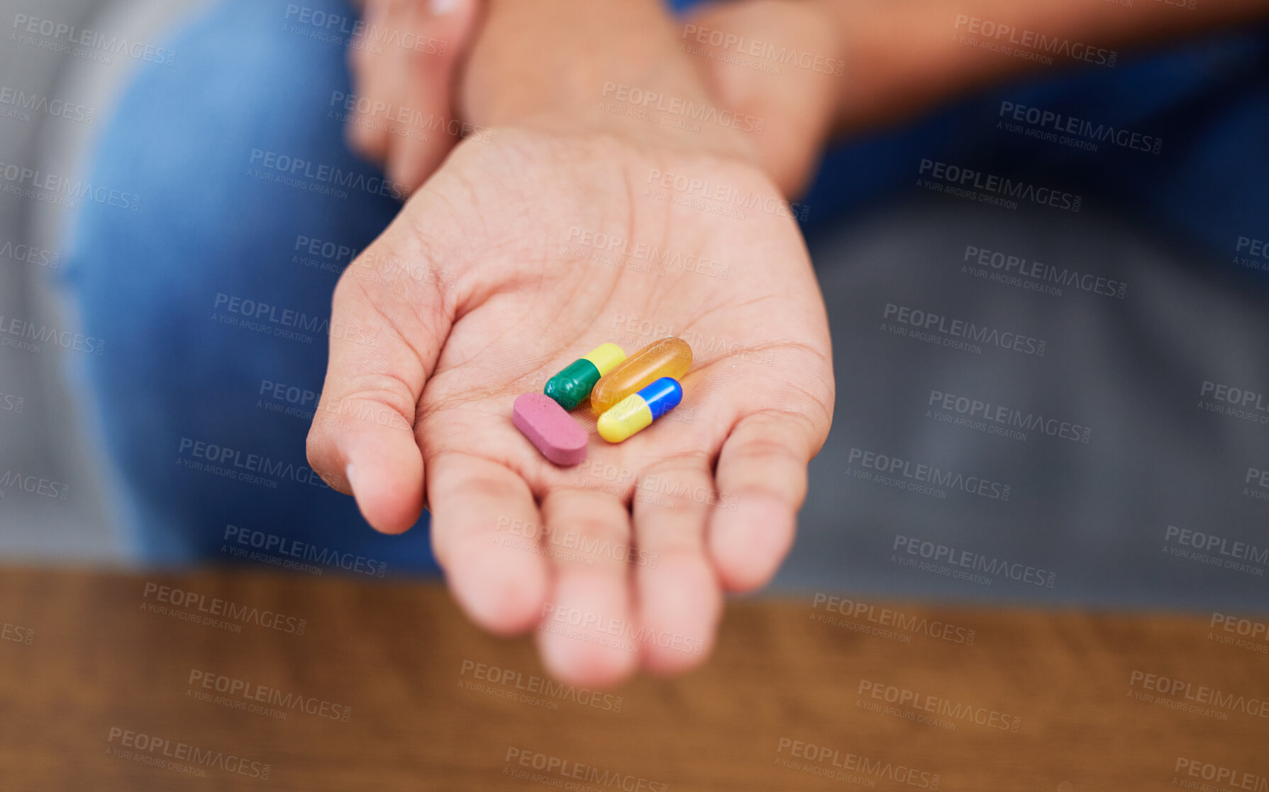 Buy stock photo Pills in hand, closeup and medicine with health, vitamin supplements and medical prescription. Drugs, wellness and healthcare with tablet for virus, sick person with medication and pharmaceutical