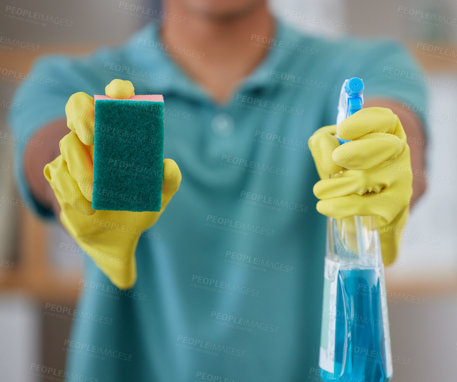 Buy stock photo Hands, sponge and spray for cleaning of a home, gloves for safety and detergent bottle. Closeup, showing and a cleaner or person with product for apartment maintenance or house service as a job