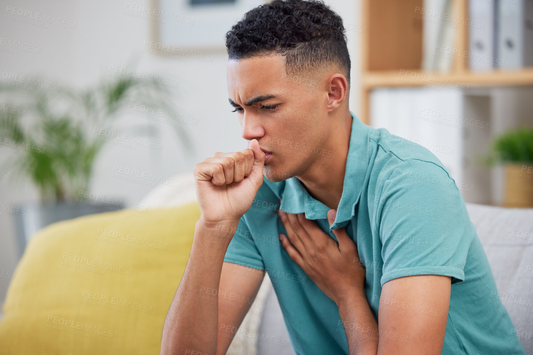 Buy stock photo Man, cough and sick with virus, health and covid, medicine with cold or flu while at home. Young male person, allergy and lung disease, healthcare and asthma, infection and illness with bacteria