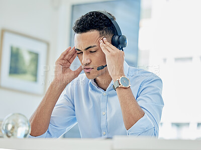 Buy stock photo Business man, call center and headache, pain or stress of communication fail, financial mistake or job fatigue. Tired agent, consultant or sales person with anxiety, depression or migraine in office
