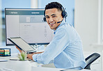 Technology, consultant and portrait of help in call center, customer service and advice in technical support on tablet or computer. Contact us, agent and businessman online with care in communication