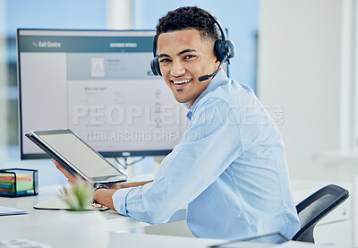 Buy stock photo Technology, consultant and portrait of help in call center, customer service and advice in technical support on tablet or computer. Contact us, agent and businessman online with care in communication
