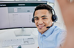 Man, call center selfie and communication portrait for customer service and e commerce on computer screen. Face of consultant, agent or business person for social media or profile picture on desktop