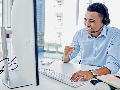 Buy stock photo Call center, man and success at computer for winner, telemarketing celebration and cheers. Happy telecom salesman at desktop to celebrate deal, bonus announcement and achievement of winning with fist