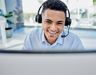 Buy stock photo Call center, customer service and male consultant in the office doing an online consultation. Contact us, crm and professional young man telemarketing agent working with a headset in the workplace.