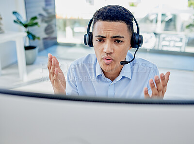 Buy stock photo Customer support, telemarketing and upset male consultant in the office doing an online consultation. Contact us, stress and professional man call center agent on a call with headset in the workplace