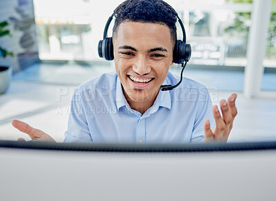 Buy stock photo Call center, customer support and man consultant in the office doing an online consultation. Contact us, crm and professional young male telemarketing agent working with a headset in the workplace.
