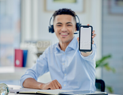 Buy stock photo Telemarketing, mockup and man with a smartphone, call center and advertising with customer service, ecommerce or employee. Person, agent or consultant with a cellphone screen, website or tech support