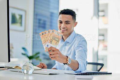 Buy stock photo Business man, money and cash on computer for stock market success, sales and profit or job investment. Portrait of winner, person or trader in office with cashback, trading bonus or financial offer