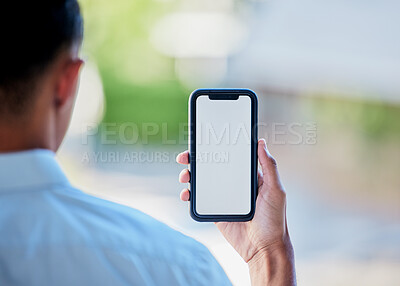 Buy stock photo Phone, screen and mockup in the hand of a person for website marketing on advertising on space. Mobile, logo or branding on a display for contact, communication or networking in ecommerce or sales