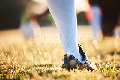 Buy stock photo Sports, training and foot of person on field ready for game, competition and tournament outdoors. Fitness, mockup and closeup of shoes of player on grass for exercise, match and workout in practice