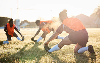 Buy stock photo Rugby, team and people stretching at training for match or competition in the morning doing warm up exercise on grass. Wellness, teamwork and group of players workout together in professional sports