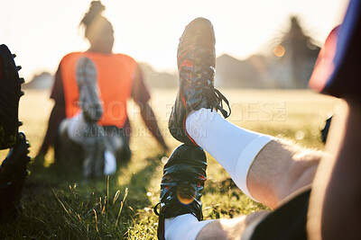 Buy stock photo Rugby, stretching legs and people on field for sports, team training or together in the morning. Grass, fitness and athlete  players with a warm up for a game, workout or performance in a competition