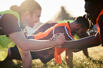 Buy stock photo Rugby, handshake and team, exercise and training, cooperation and sunrise. Shaking hands, sports partnership and happy athlete group in agreement, solidarity and workout, fitness and collaboration.