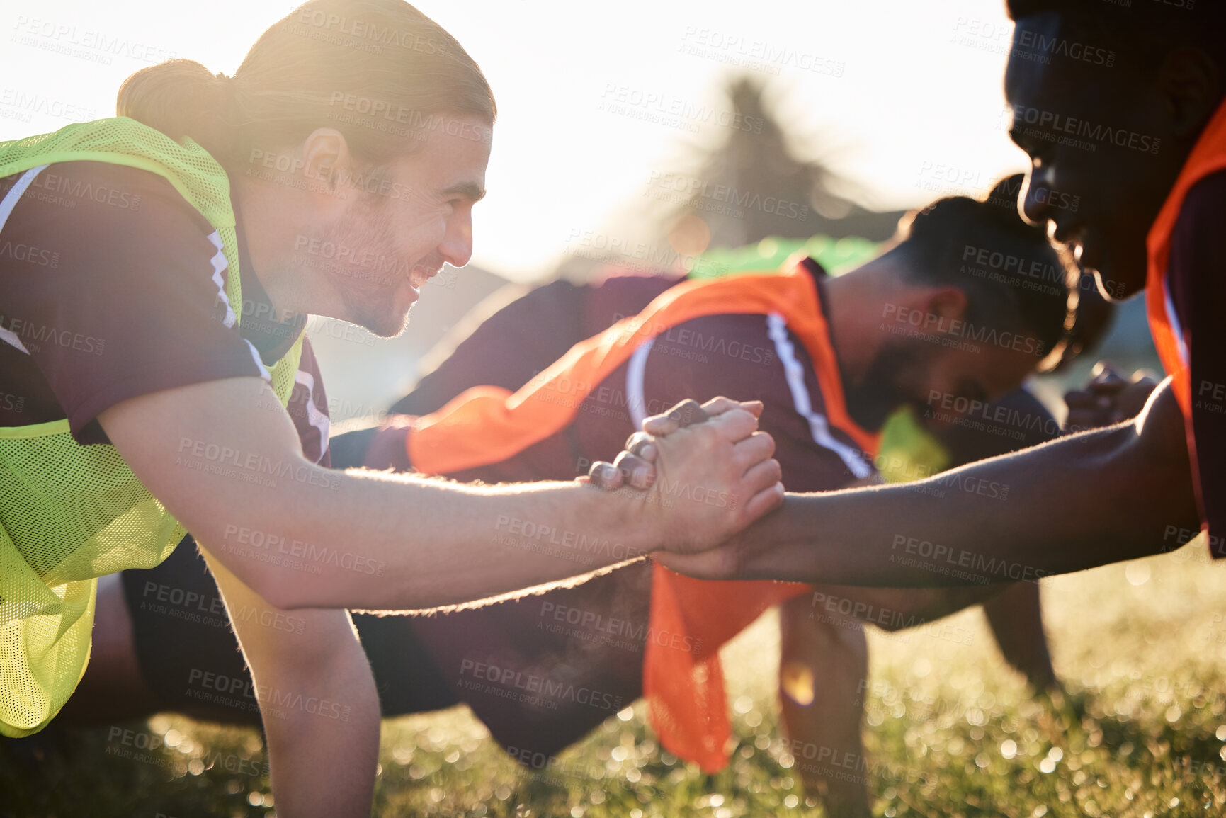 Buy stock photo Rugby, handshake and team, exercise and training, cooperation and sunrise. Shaking hands, sports partnership and happy athlete group in agreement, solidarity and workout, fitness and collaboration.