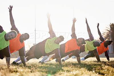 Buy stock photo Rugby, fitness and team at training for competition or morning match doing warm up exercise on grass. Wellness, teamwork and group of players stretching or workout together in professional sports