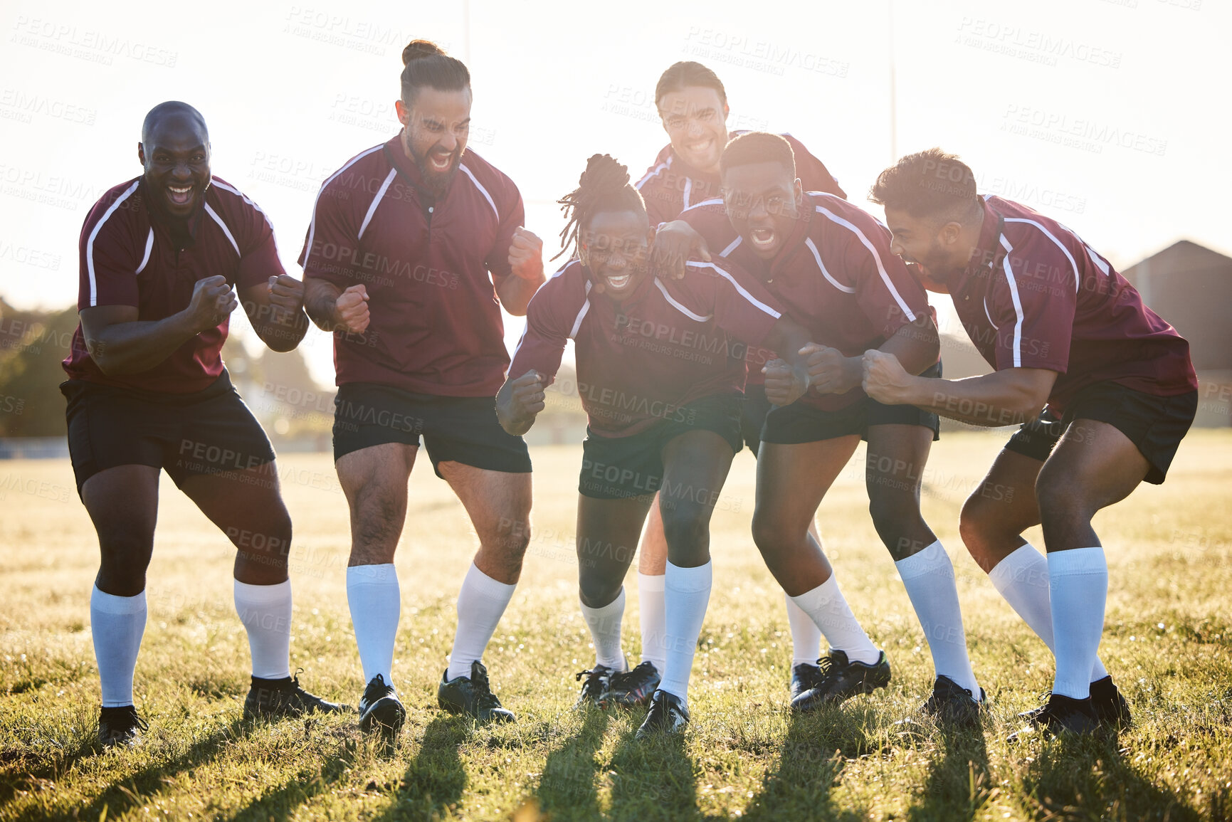 Buy stock photo Team support, happy and men in rugby for game motivation, community or diversity on the field. Smile, fitness and athlete people cheering for training, goal or winning a contest or competition