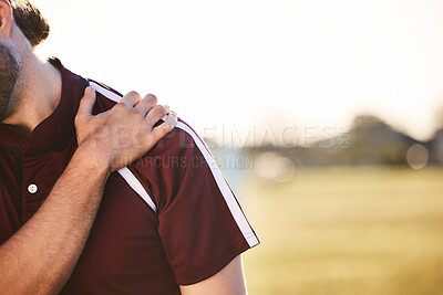Buy stock photo Shoulder pain, man with injury and exercise accident, athlete outdoor with cramps and muscle tension. Fitness, sports and male person, health crisis and rugby player, inflammation and mockup space