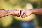 Sports, fist bump and teamwork, support and solidarity, cooperation and trust. Hands together, rugby partnership and athlete people in agreement, collaboration and deal, thank you and welcome closeup
