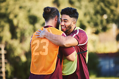 Buy stock photo Rugby, sports and team with friends hugging for support, motivation or celebration during training. Fitness, teamwork and success with friendly athlete men embracing outdoor at practice for a game