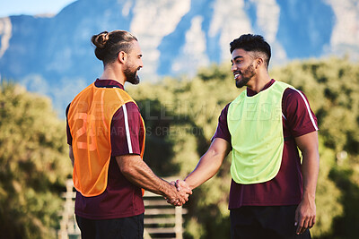 Buy stock photo Handshake, rugby team and men in sports, exercise training or cooperation at field outdoor. Shaking hands, partnership and happy athlete people in agreement, intro and thank you, welcome or challenge