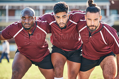 Buy stock photo Portrait, sports and a rugby team training together for a scrum in preparation of a game or competition. Fitness, exercise and teamwork with a male athlete group at an outdoor stadium for practice