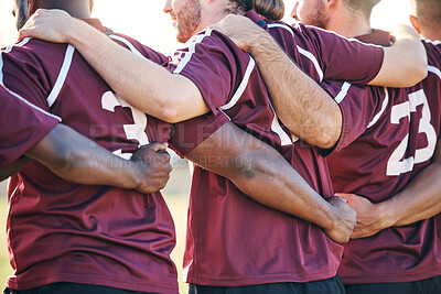 Buy stock photo Hug, sports and men at game for rugby, team support or solidarity for a competition. Back, motivation and men or athlete teamwork with a huddle, collaboration and friends with community on a field