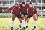 Portrait, fitness and a rugby team training together for a scrum in preparation of a game or competition. Sports, exercise and teamwork with a male athlete group at an outdoor stadium for practice