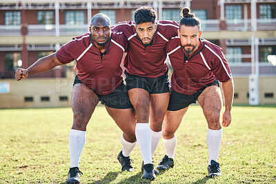 Buy stock photo Portrait, fitness and a rugby team training together for a scrum in preparation of a game or competition. Sports, exercise and teamwork with a male athlete group at an outdoor stadium for practice