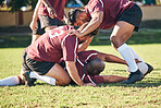 Rugby, sports and training with a team on a field together for a game or match in preparation of a competition. Fitness, health and teamwork with a group of men outdoor on grass for club practice