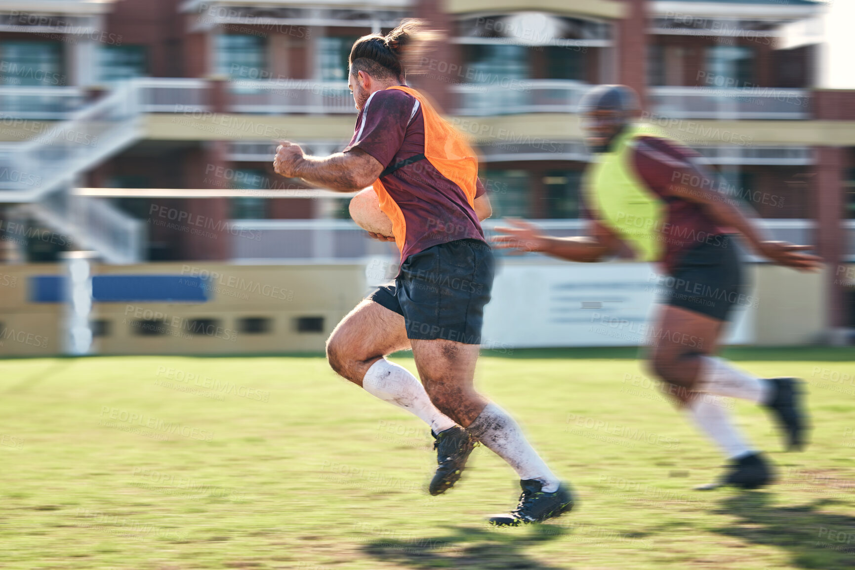 Buy stock photo Rugby, sports and motion blur with a team running on a field together for a game or match in preparation of competition. Fitness, health or teamwork with a group of men training on grass for practice