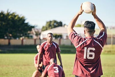 Buy stock photo Teamwork, sports and rugby with people on field for champion, fitness and energy. Workout, competition and game with men playing with ball in stadium for health, training and challenge mockup