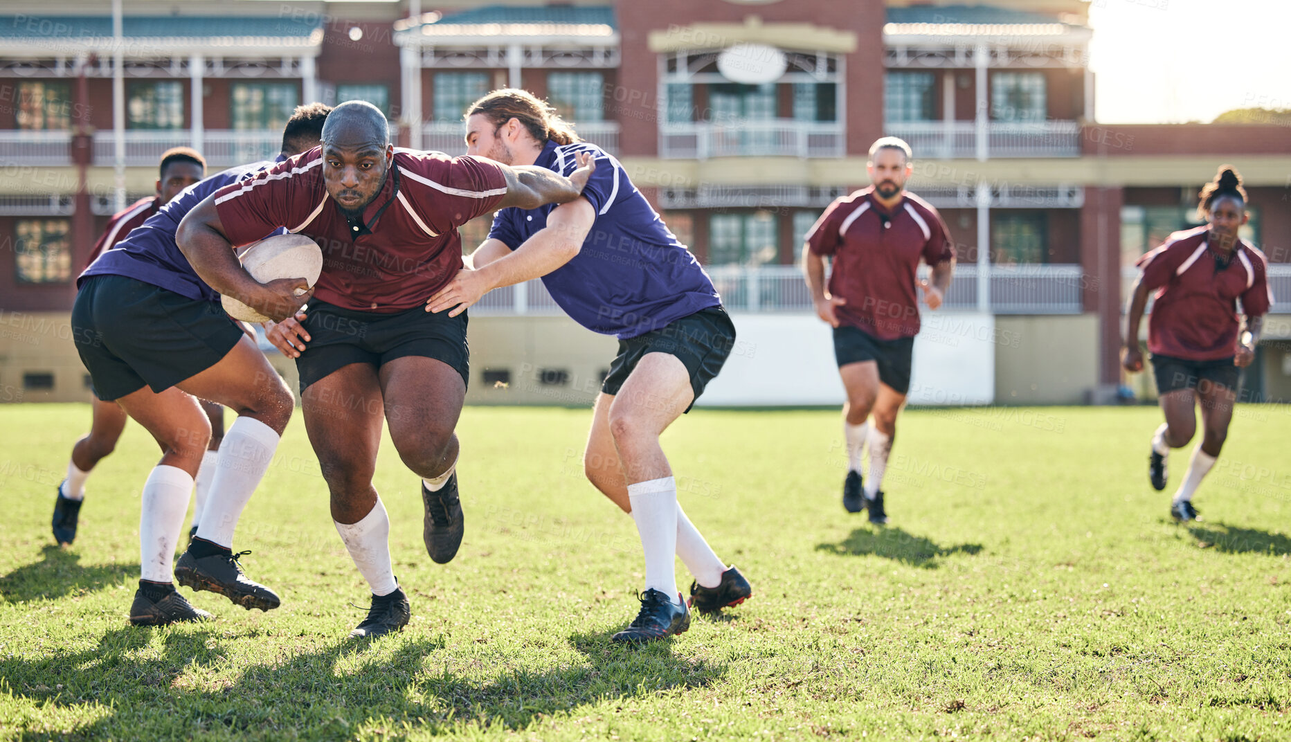 Buy stock photo Rugby, training and tackle with a team on a field together for a game or match in preparation of a competition. Sports, fitness and running with a group of men outdoor on grass for club practice