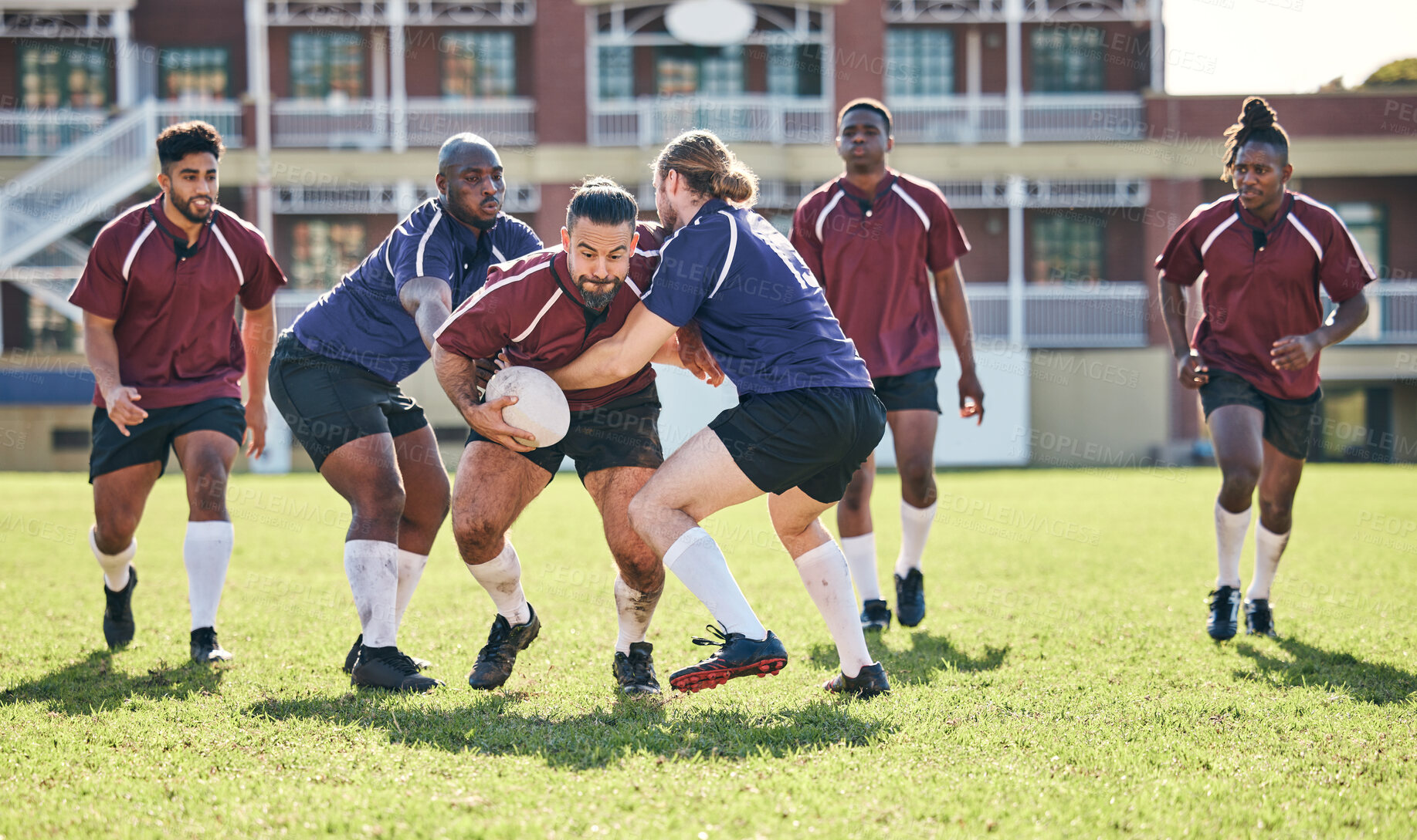Buy stock photo Rugby, fitness and tackle with a team on a field together for a game or match in preparation of a competition. Sports, training and teamwork with a group of men outdoor on grass for club practice