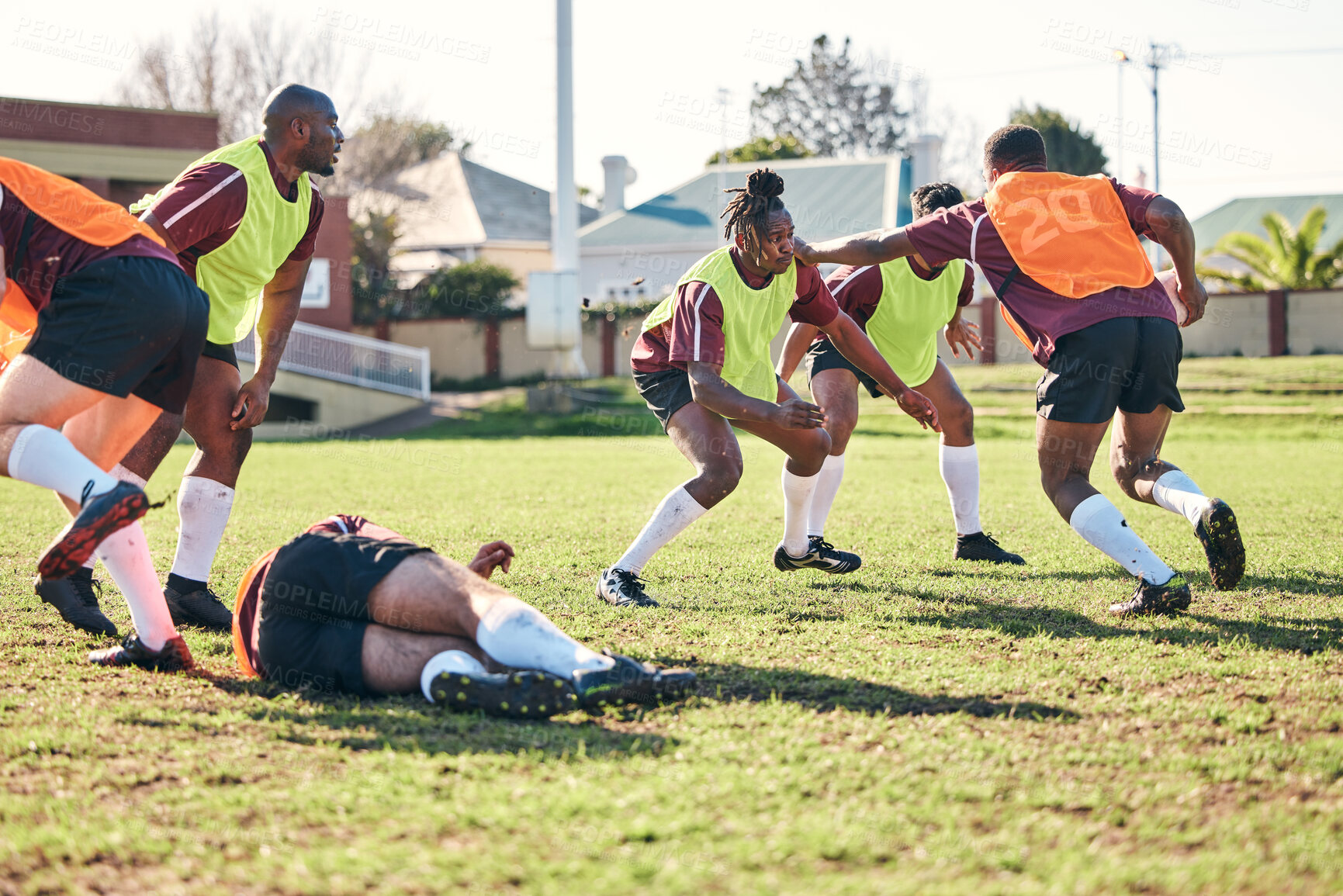 Buy stock photo Rugby, sports and running with a team on a field together for a game or match in preparation of a competition. Fitness, training and teamwork with a group of men outdoor on grass for club practice