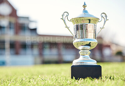 Buy stock photo Trophy on grass, champion and prize with fitness outdoor, competition and game with mockup space. Award on pitch, reward and tournament cup with goals, stadium and sports ground field with winner 