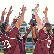 Rugby, team and winner with trophy, champion and men at stadium with ...