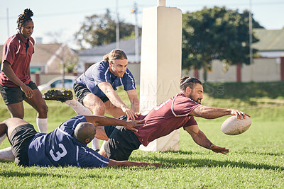 Buy stock photo Rugby, sports and score with a team on a field together for a game or match in preparation of a competition. Fitness, health and try with a group of men outdoor on grass for club training or practice