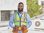 Black man, portrait and construction, maintenance and engineer with smile and architecture outdoor. African male contractor, professional renovation and urban infrastructure, handyman with tools