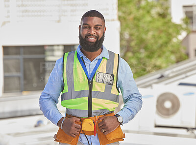 Buy stock photo Black man, portrait and construction, maintenance and engineer with smile and architecture outdoor. African male contractor, professional renovation and urban infrastructure, handyman with tools