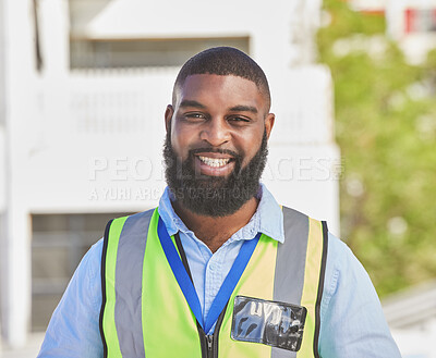 Buy stock photo Black man, portrait and construction worker, maintenance and engineering with smile and architecture outdoor. African male person, renovation and contractor with urban infrastructure and handyman