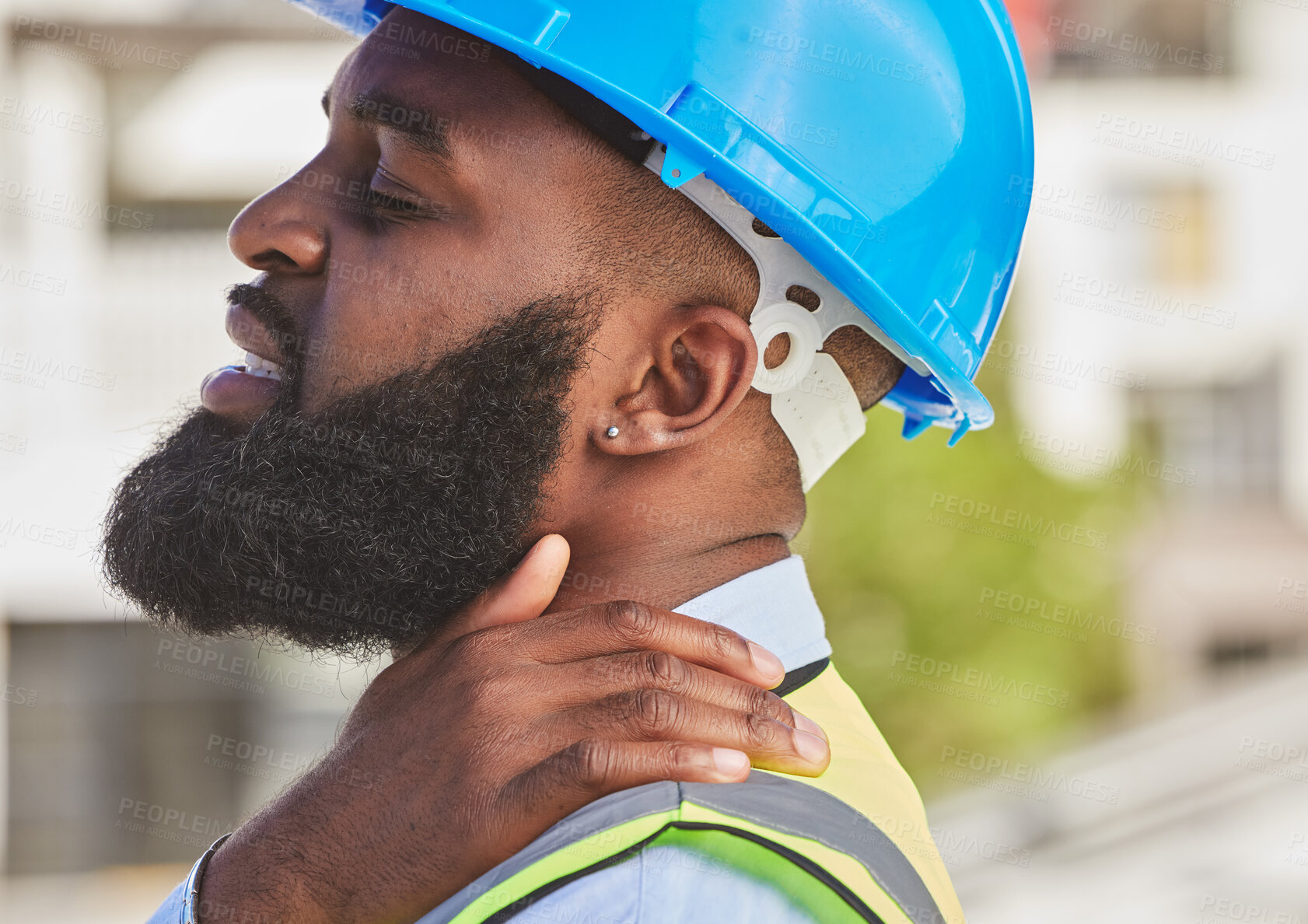 Buy stock photo Black man, architect or hand on neck pain, injury accident or muscle tension on city rooftop. Hurt engineer, stress or injured contractor with sore ache or joint inflammation at construction site