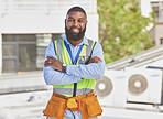 Black man, portrait and construction worker, arms crossed and maintenance, engineer smile and architecture outdoor. Male contractor, professional renovation and urban infrastructure with handyman