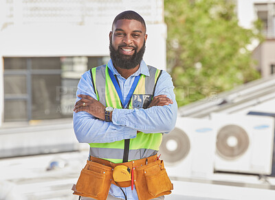 Buy stock photo Black man, portrait and construction worker, arms crossed and maintenance, engineer smile and architecture outdoor. Male contractor, professional renovation and urban infrastructure with handyman
