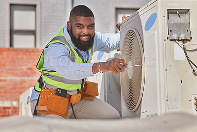Buy stock photo Black man, portrait and maintenance, AC repair and engineering with smile and labor outdoor. African male person, fixing air conditioner and urban infrastructure with tools and electrician on rooftop