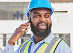 Engineering, phone call and smile with black man in city for architecture, communication and contact. Building, construction and project management with contractor for technology and connection